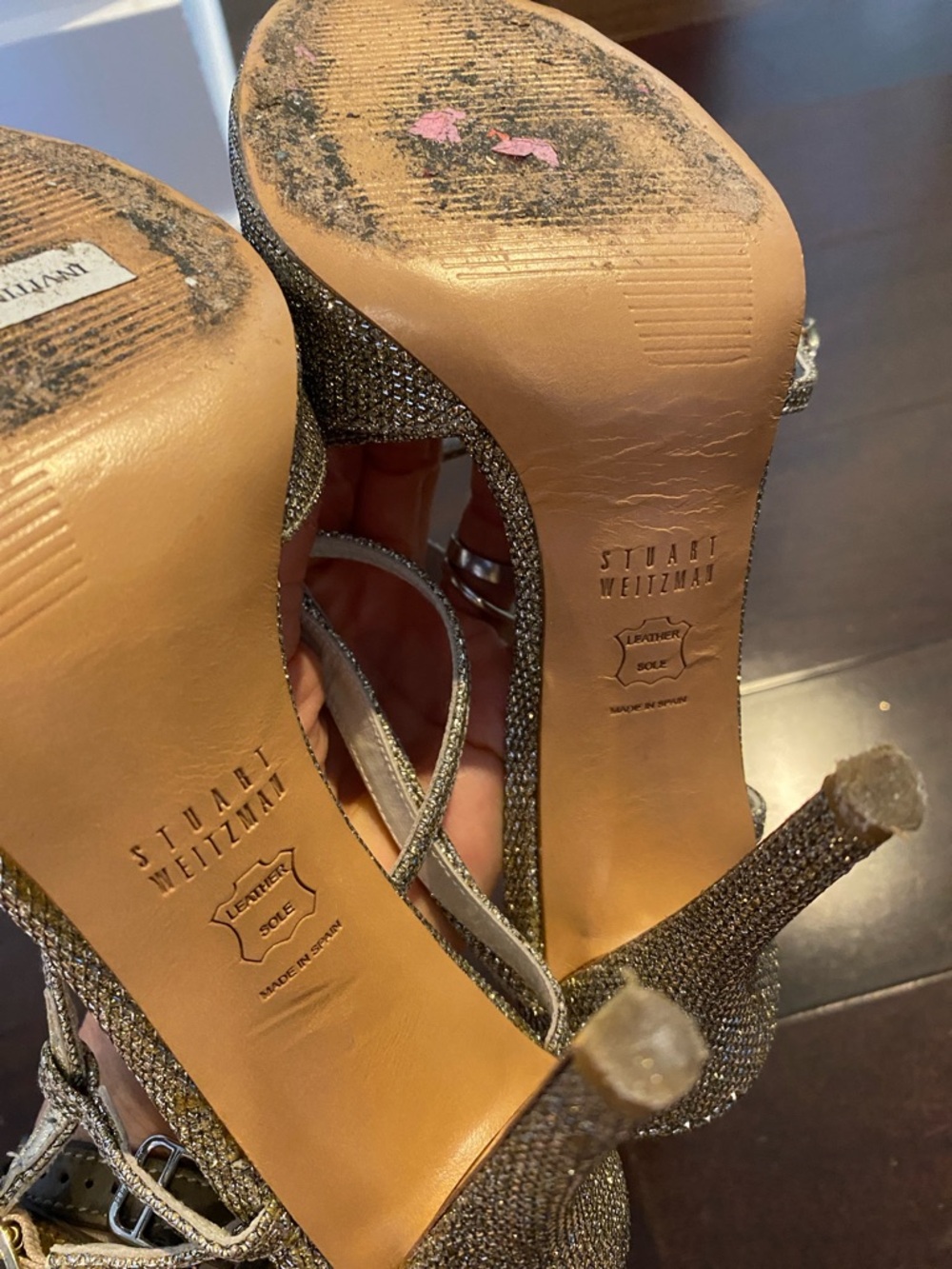 Stuart Weitzman Gold Glitter Open-Toe Strappy Heels - Picture 7 of 8
